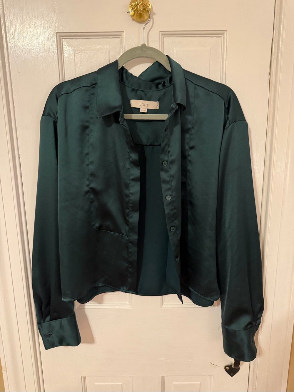 LOFT Dark Emerald Satin Button-Down Shirt